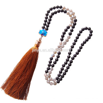 Sundysh contas mala, atacado 108 natural moonstone ágata preta mala colar de contas, mala colar de borla frisada